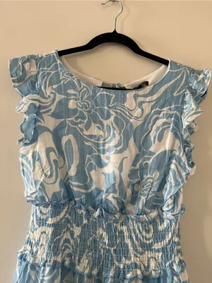 Blue White Swirl Print Smocked Waist Ruffle Mini Dress Small Coastal Vacation thumbnail 2