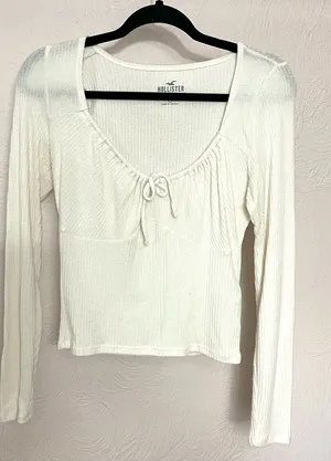 Hollister White Ribbed Long-Sleeve Scoop Neck Tie-Front Top thumbnail 1