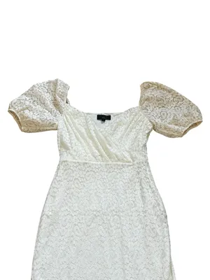 Michael Costello Revolve Cream Lace Midi Dress Puff Sleeve Ruffle Hem Feminine thumbnail 3