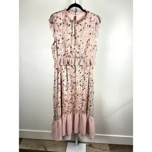 Ellison Pink Floral Polka Dot Mixed Print Ruffle Tiered Midi Dress Size L thumbnail 11