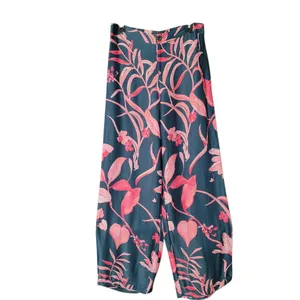 Anthropologie Teal Wide-Leg Pants with Pink Botanical Print thumbnail 4