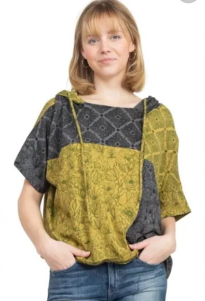 Patchwork Pullover Hoodie Size S/M Green thumbnail 1