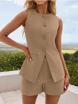 NWT Zesica Tailored Button Front Short Set - Taupe thumbnail 1
