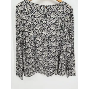 LOFT Blouse Women L Navy Blue White Floral Paisley Long Sleeve Keyhole Back thumbnail 2
