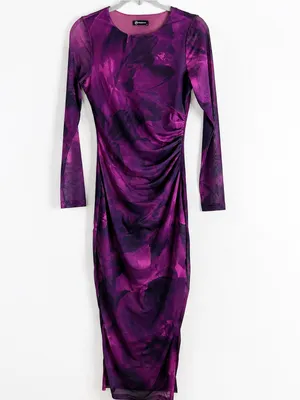 PrettyGarden Purple Floral Ruched Mesh Midi Dress Long Sleeve Sz S Date Night thumbnail 2