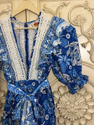 FARM Rio Full of Flowers Blue Floral Lace Jumpsuit Small Flaw Vacay Boho S-S thumbnail 9