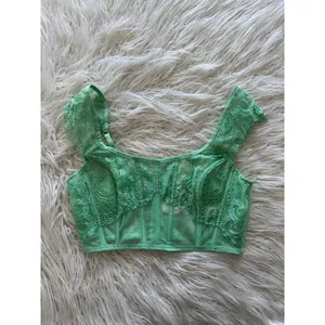 Victoria’s Secret Boho Floral Embroidery Cap Sleeve Corset Top Clueless Green M thumbnail 3