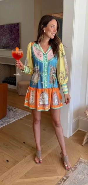 Vestique Vibrant Multicolor Printed Long Sleeve Mini Italian Villa Dress ✨ thumbnail 1