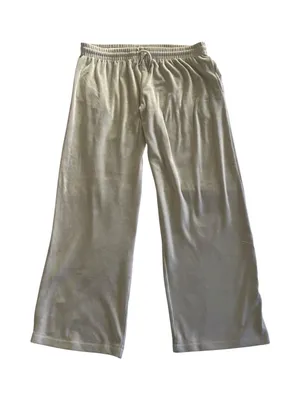 PINK Victoria's Secret Cream Velour Lounge Pants-size large Casual lounge pants from PINK by Victoria's Secret. Elastic drawstring waistband for a comfy fit. Smooth fabric with a relaxed wide-leg silhouette, has hand pockets, embroidered “pink” on one leg, 93% polyester and 7% elasttane, excellent condition Measurements: Waist: side to side 17-21 inches Rise: 11 inches Inseam: 30 inches thumbnail 1