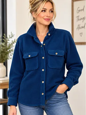Lands' End Women’s S Blue Fleece Button Front Jacket Collared Pockets Short thumbnail 1