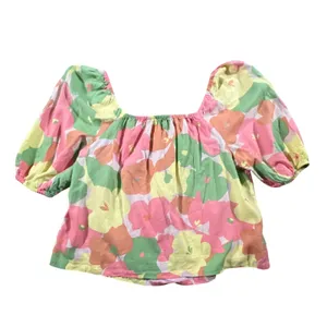 Sanctuary Floral Puff Sleeve Blouse Womens Large Multicolor Linen Blend Tie Neck thumbnail 2