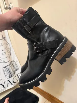Universal Threads | Black Leather Mid-Calf Combat Boots with Buckle Strap thumbnail 9