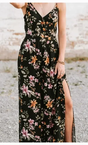 American Eagle Outfitters Black Tie Back Floral Pink Orange Jumpsuit Size L thumbnail 1