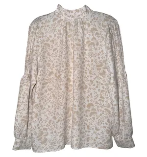 ANN TAYLOR Floral Mock‎ Neck Long Sleeve Blouse Women Size S Beige Button Back thumbnail 1