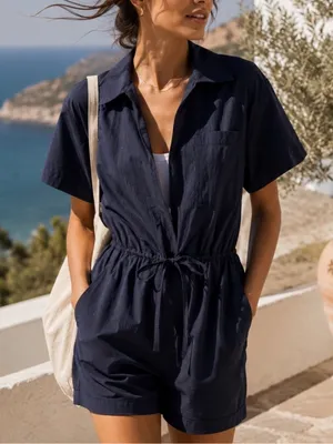 Sweaty Betty Women’s Anytime Short Sleeve Romper Navy Blue Nylon Zip Front Sz S thumbnail 1