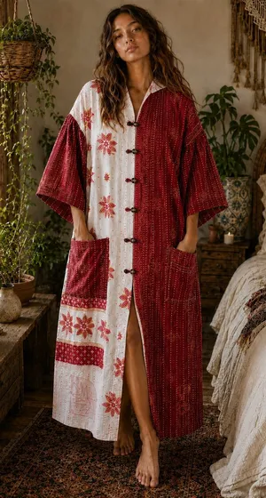 Unbranded Kantha Quilt Hooded Coat Patchwork Floral Toggle Jacket Red White OS thumbnail 1