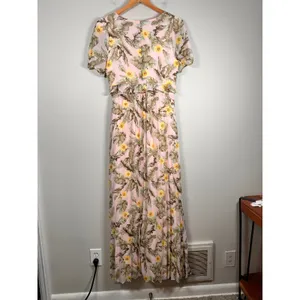 Skies Are Blue Maxi‎ Dress Women Small Pink Tropical Palm Floral Pleated Ruffle thumbnail 4