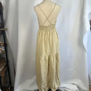 SIM & SAM Tan Linen Blend Tiered Maxi‎ Sundress Tie Front Spaghetti Straps Small thumbnail 7