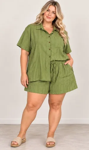 Shein Curve+ Olive Green Textured Button Down Shirt and Shorts Set Size 24 6X thumbnail 1