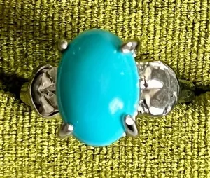 Turquoise and White Topaz Titanium Steel Silver Band Size 8 thumbnail 1