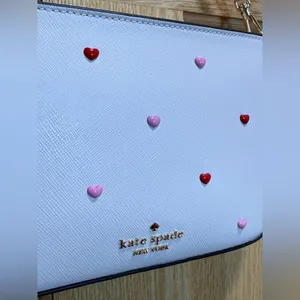kate spade Pink Madison Heart Studs Pouch Gold Chain Strap Powdered Sugar NWT thumbnail 5