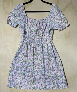 Iris‎ Women's Floral Puff Sleeve Smocked Mini Dress Cottagecore Lavender Large thumbnail 1