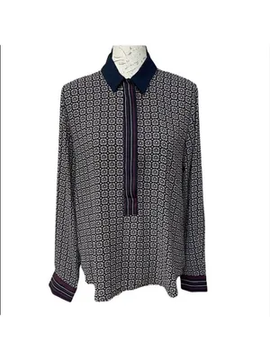 LOFT half button Hanley top tunic blouse shirt Geometric print burgundy Sz M thumbnail 2
