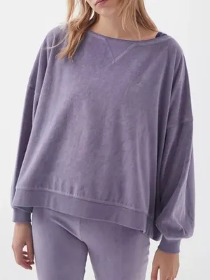 OUT FROM UNDER URBAN OUTFITTERS Vica Boat Neck Sweatshirt Periwinkle Velour Boxy thumbnail 2