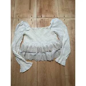 American Eagle‎ Cream Smocked Eyelet Peplum Top Long Sleeve Square Neck Large thumbnail 3