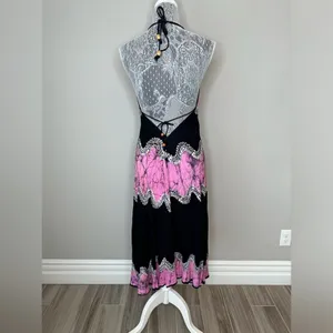Resort Style Triangle Top Backless V-Neck Batik Midi Halter Dress Size Small thumbnail 3