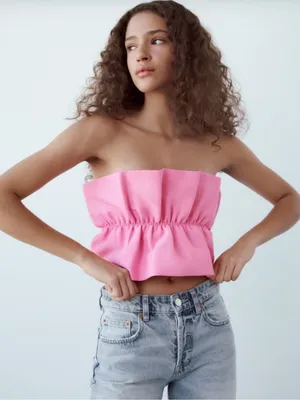 Zara Pink Strapless Ruched Bandeau Top Medium thumbnail 1