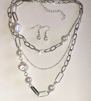 Classic Silver Tone Chain Faux Pearl Layered Necklace & Earrings Set thumbnail 1