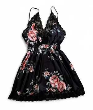 Floral Lace Satin Chemise Nightdress – Black Rose Print – Size S thumbnail 1