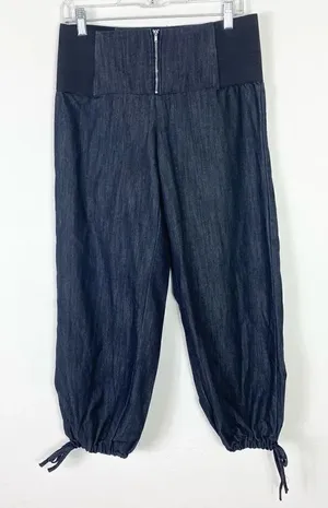 Vintage y2k What’s Hot… Dark Wash Chambray Denim Tie Ankle Cropped Pants Size L thumbnail 1