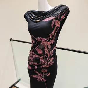Women Black Floral Print Maxi Dress Off Shoulder Draped Neck Bead Detail Side Ruched Slim Bodycon thumbnail 3