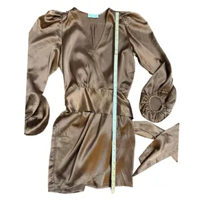 DRESS‎ FORUM Satin Bronze Brown Ruched Sleeve Wrap Mini Dress Sz S thumbnail 8