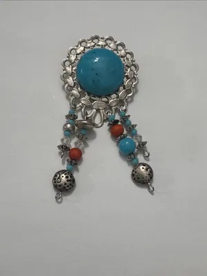 Vintage Turquoise& Coral Dangle Brooch — Silver-Tone Women’s Jewelry thumbnail 10