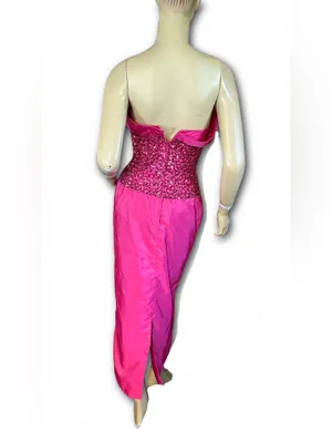 Vintage 1980'S Hot Pink Mike Benet Strapless Satin & Rhinestone Formal Dress (Xs thumbnail 5