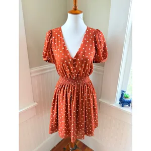 Madewell Smocked-Waist Mini Dress Polka Dots Burnt‎ Clay Puff Sleeve XS thumbnail 2
