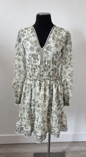 Max Studio Green Floral Dress Milkmaid Smock Flirty Vacation Travel Cottagecore thumbnail 1
