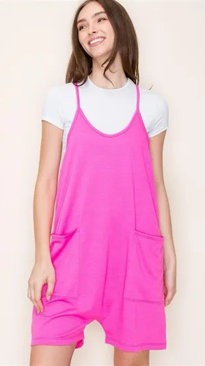 Hot Pink Harem Romper Pocket Slouchy Lounge Romper Adjustable Straps Size S thumbnail 1