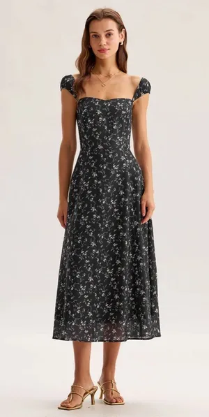 RIHOAS Black Floral Sweetheart Neck Midi Dress thumbnail 1