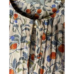 Vince Womens Pomegranate Floral Pleated Long Sleeve Blouse Tan Orange Small thumbnail 3