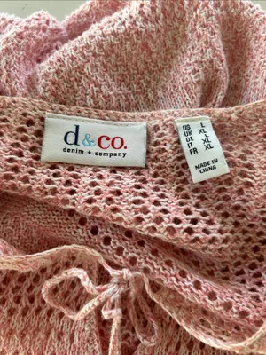 Denim & Company Light Pink Knit Tie-Neck Pointelle Sweater Size Large thumbnail 6