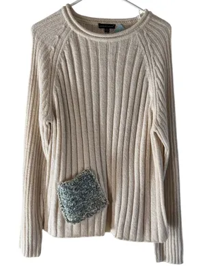 Carolyn Taylor Cream Ribbed Knit Sweater Womens Large Raglan Sleeve Pocket thumbnail 1