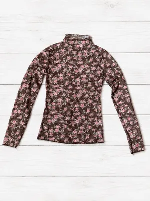 New In Floral Mesh Mock Neck Top Brown‎ Pink Rose Print M thumbnail 10