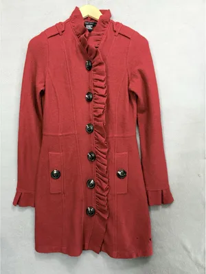 Etcetera Red 100% Merino Wool Ruffle Trench Coat Jacket XS Flawed /Repair Needed thumbnail 3