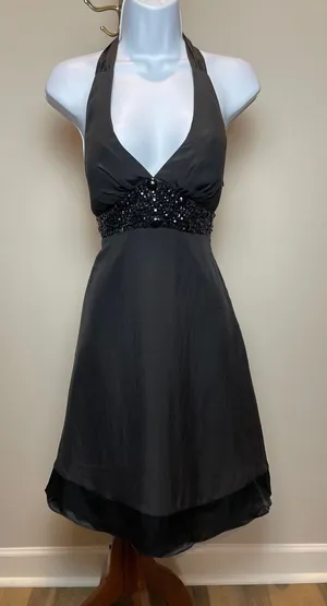 White House Black Market Dress Size 4 Black Silk Embellished Halter A‑Line Y2K thumbnail 1