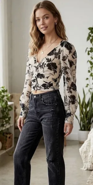 Free People Women’s Floral Ruched Crop Top Boho Cottagecore Fairycore Blouse XS thumbnail 1