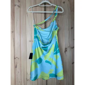 NWT Lulus Betania Blue Multi Abstract Satin One-Shoulder Mini Dress Party Size M thumbnail 7